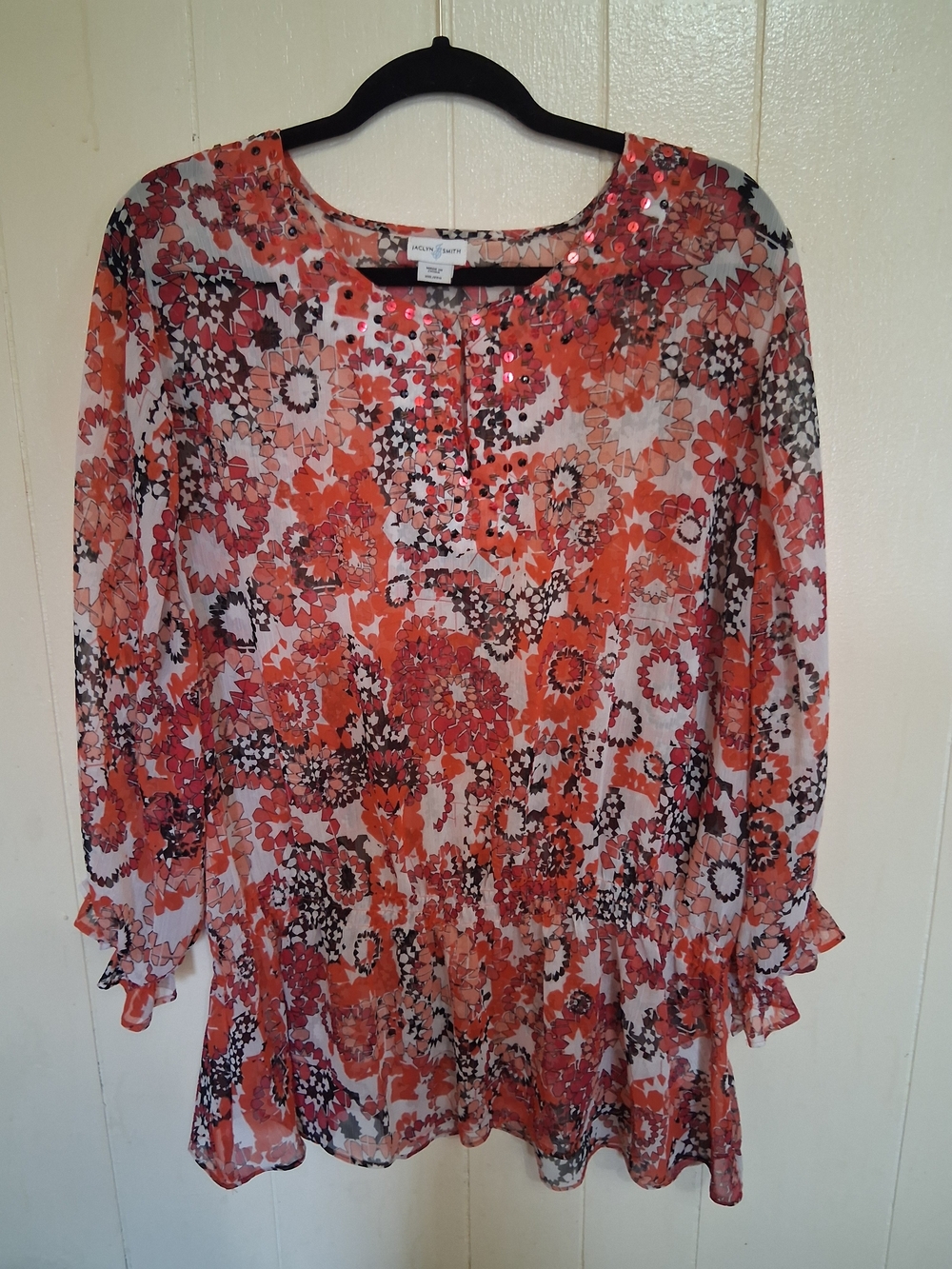 Jacyn Smith Orange Floral Sheer Blouse With Ruffled Sleeves